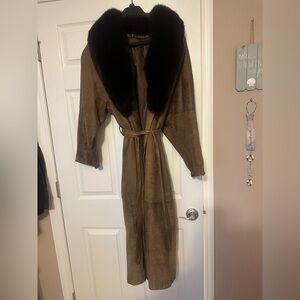 Brown Leather Bomber Coat with Black Fox Fur Collar